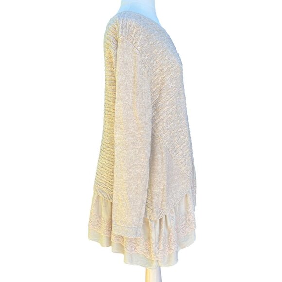 Womens Beige Layered Knit Sweater With Lace Peplum Trim Simply Couture XL - Picture 3 of 9